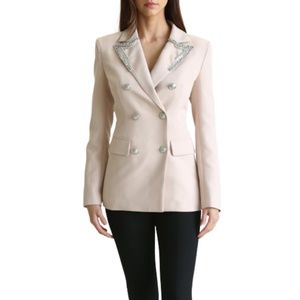Rhinestone Collar Silver Button Front Princess Seam Nude Blazer